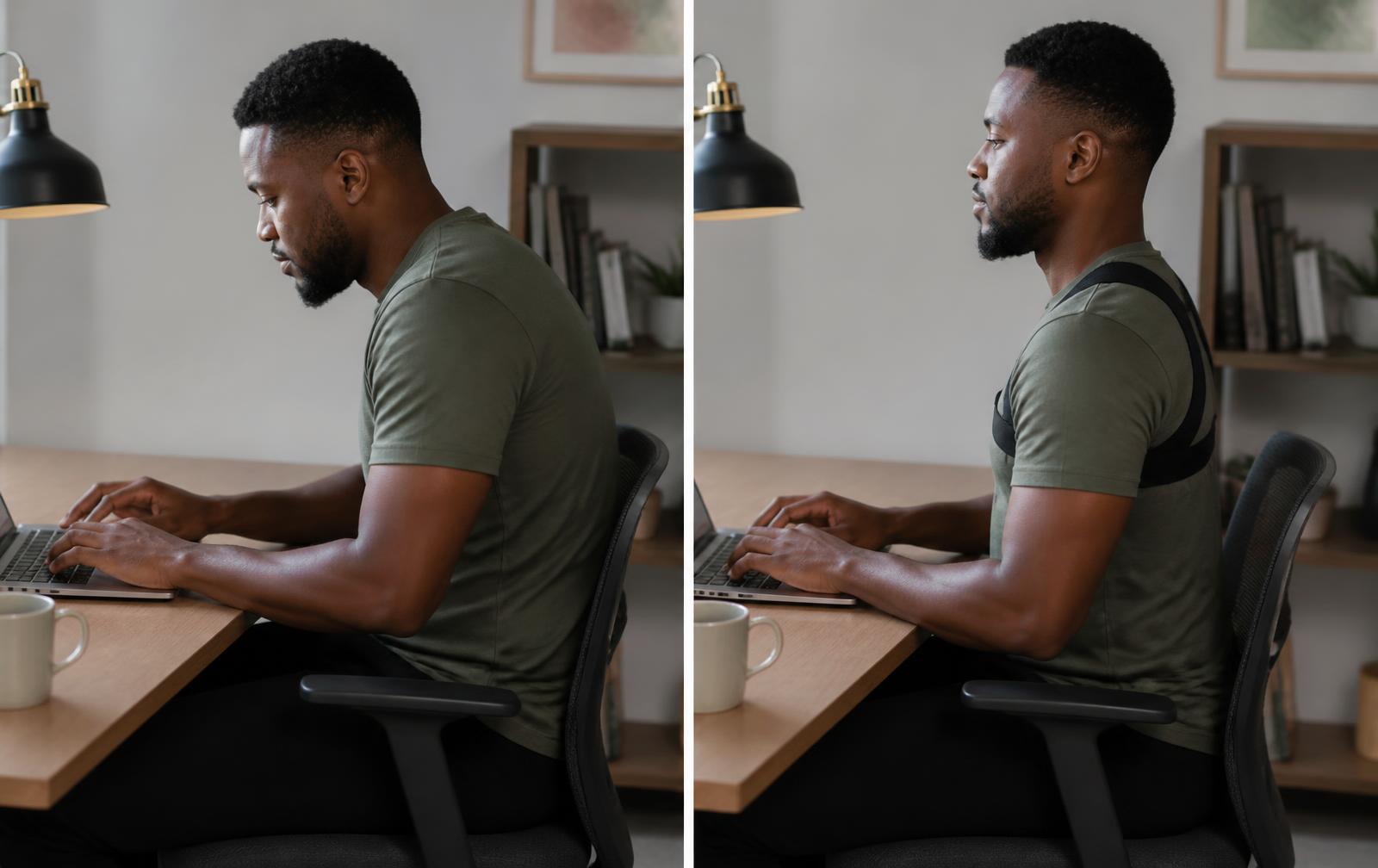 Same person demonstrating rounded and more upright sitting posture