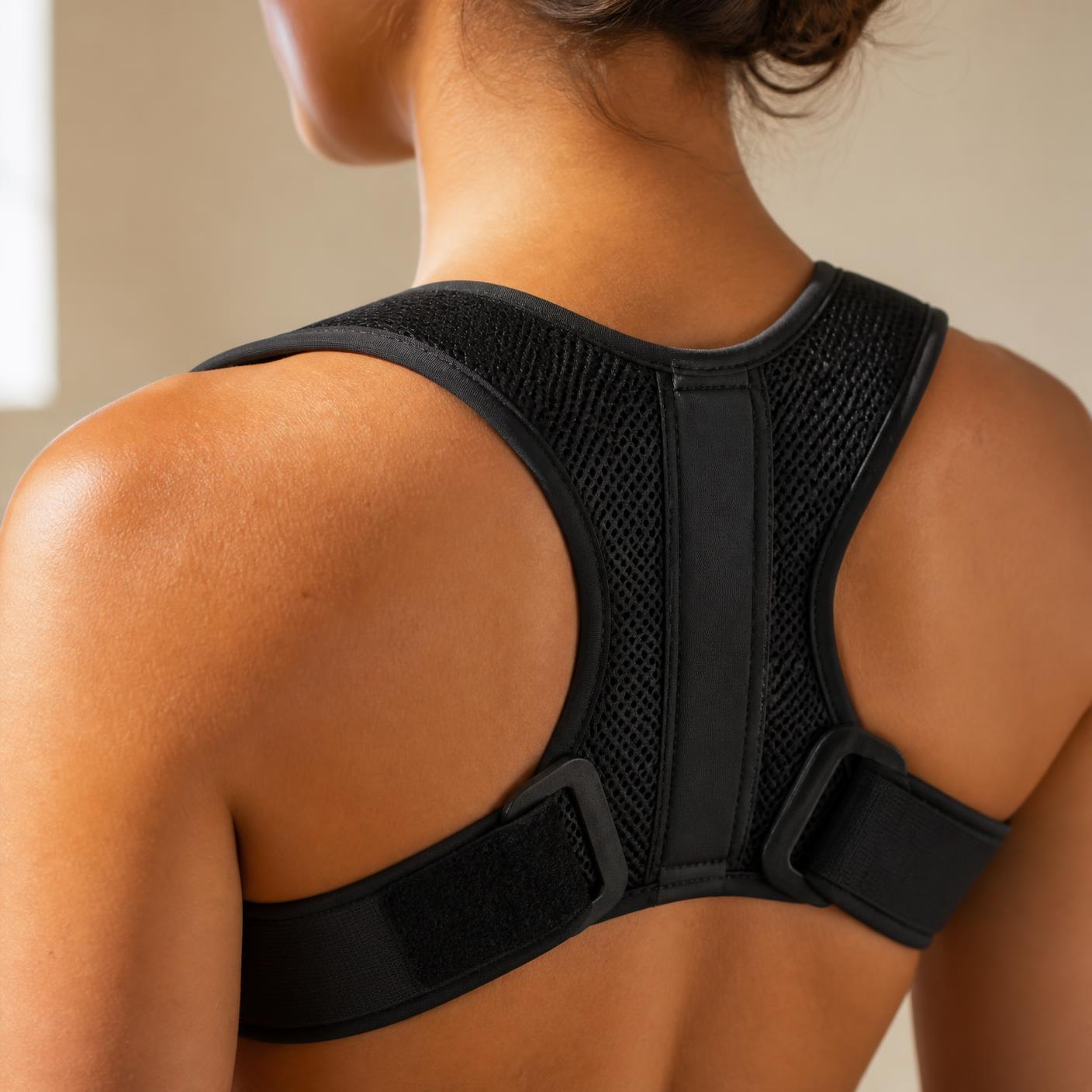 Close-up showing the posture corrector's lightweight mesh and adjustable straps